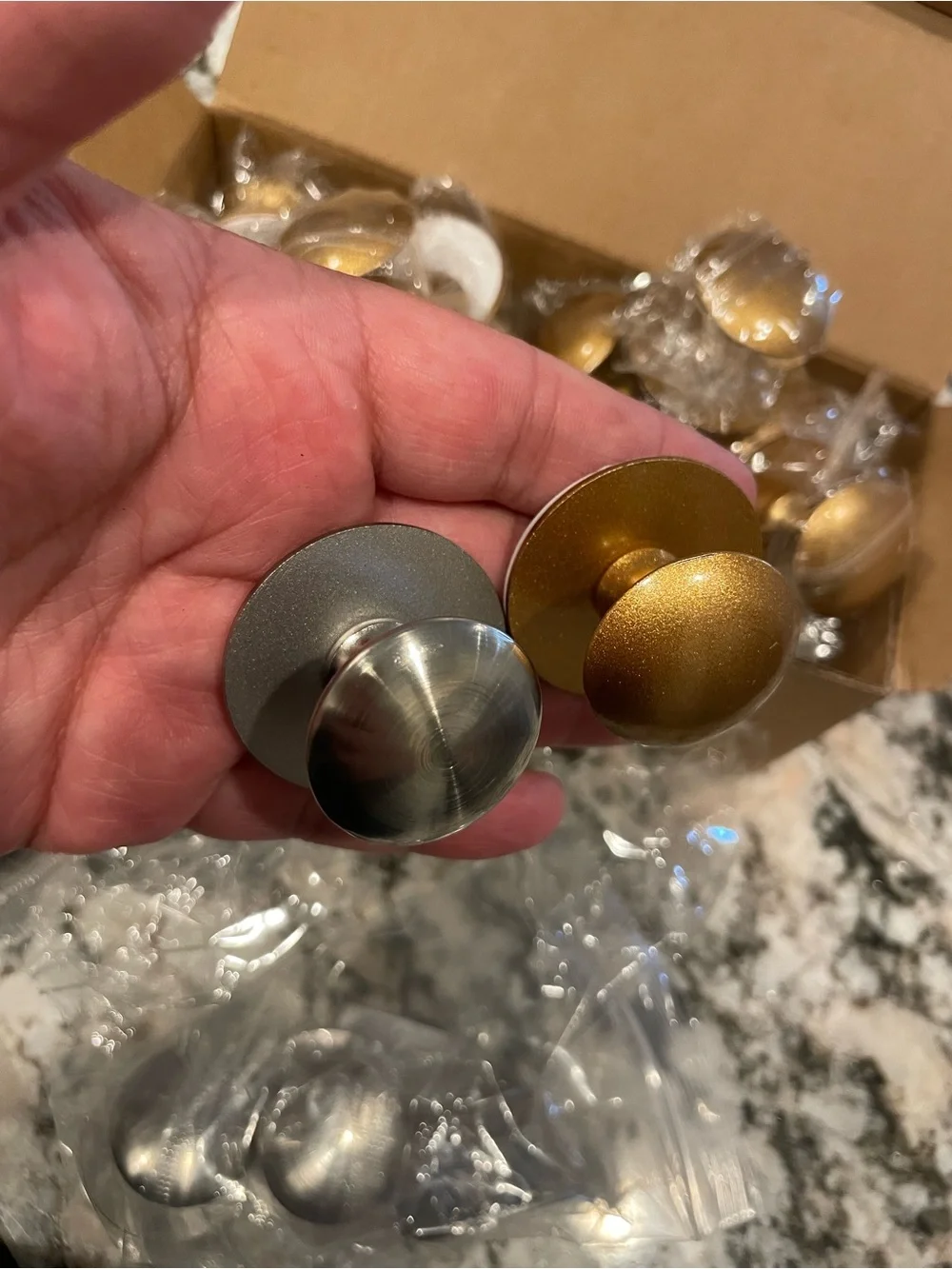 8 “steel” colored and 20 Antique gold Brushed Silver Self-Stick Drawer Knobs